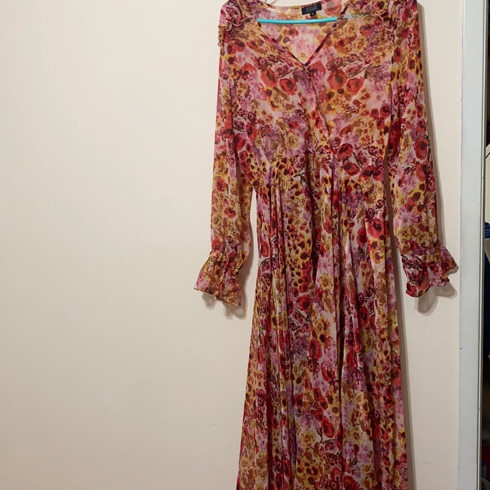 Spy Zone Exchange maxi floral sheer dress puffy long sleeves